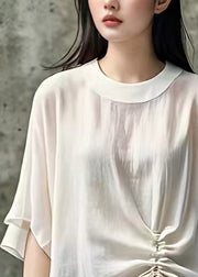 New White O Neck Lace Up Solid Cotton Shirts Half Sleeve