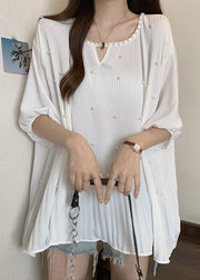 New White O Neck Nail Bead Wrinkled Shirt Tops Summer