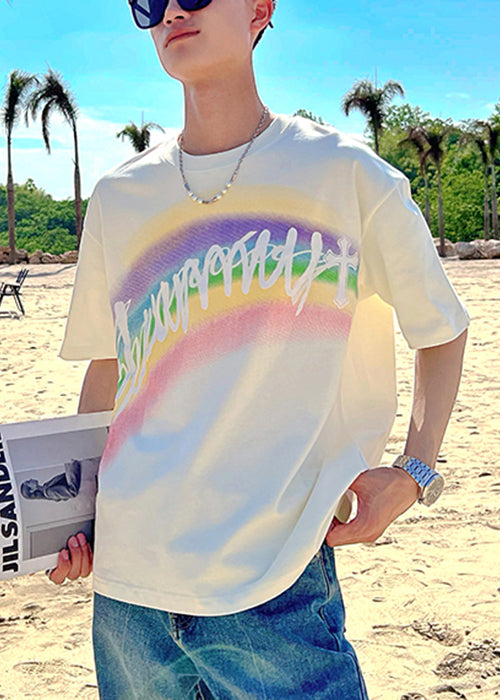 New White O Neck Print Cotton Men T Shirt Summer