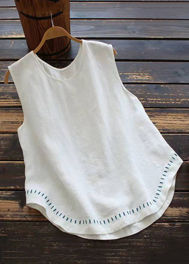 New White O Neck Solid Cotton Tank Sleeveless