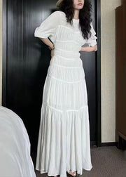 New White O Neck Wrinkled Cotton Long Dresses Summer