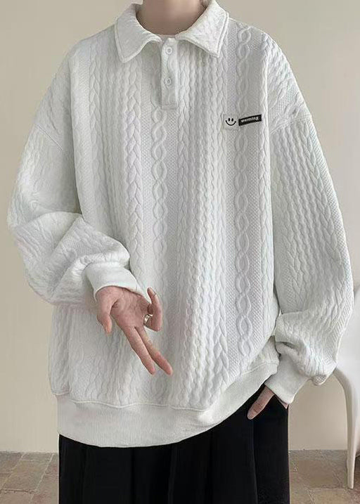 New White Peter Pan Collar Button Cotton Men Sweatshirt Spring