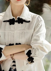 New White Peter Pan Collar Pockets Chinese Button Denim Jackets Spring