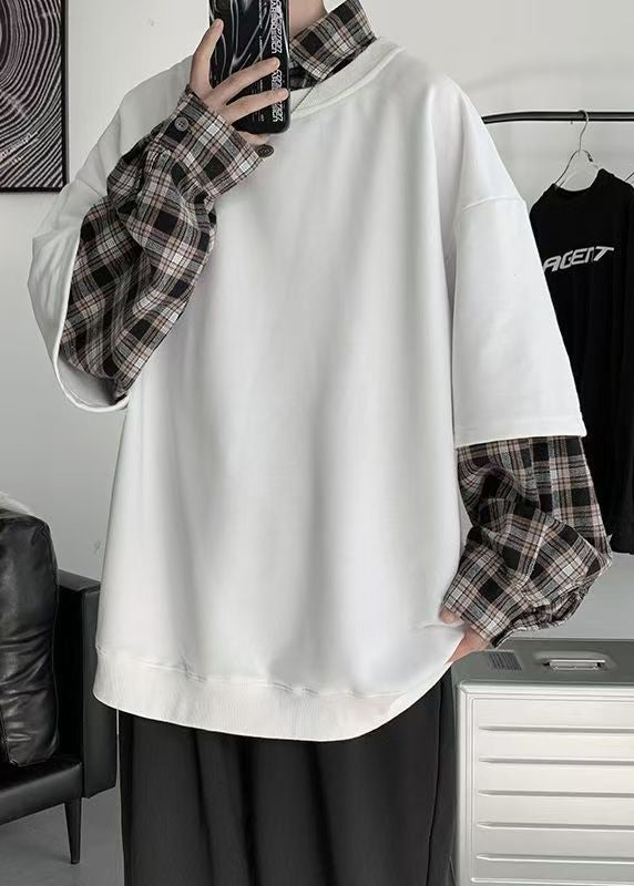 New White Plaid Patchwork False Two Pieces Cotton Mens Sweatshirts Spring