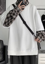 New White Plaid Patchwork False Two Pieces Cotton Mens Sweatshirts Spring