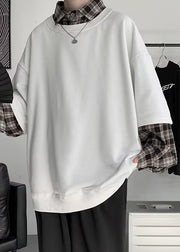 New White Plaid Patchwork False Two Pieces Cotton Mens Sweatshirts Spring