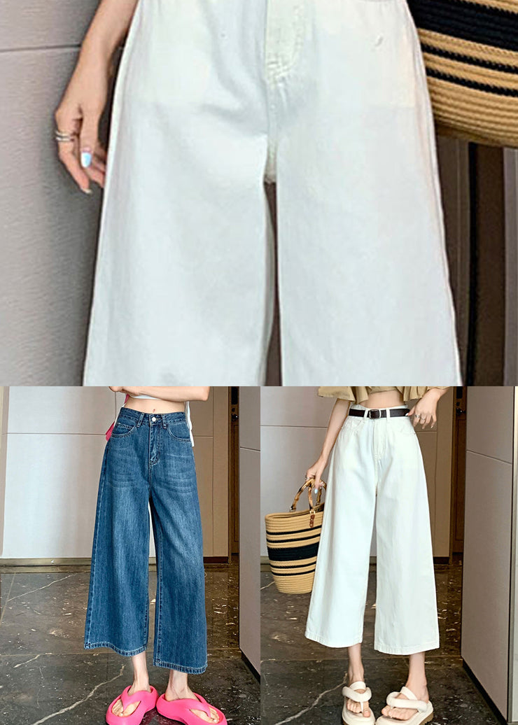 New White Pockets Thin Denim Wide Leg Crop Pants Summer