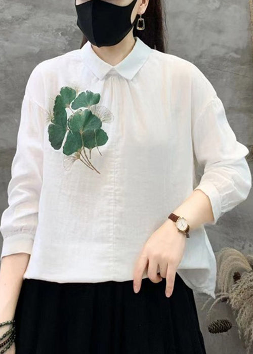 New White Print Button Linen Shirt Long Sleeve