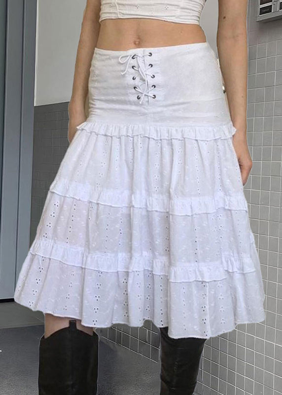 New White Ruffled Lace Up Hollow Out Patchwork Cotton Skirts Summer