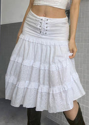 New White Ruffled Lace Up Hollow Out Patchwork Cotton Skirts Summer