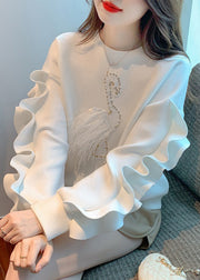 New White Ruffled Patchwork Cotton Sweatshirt Spring