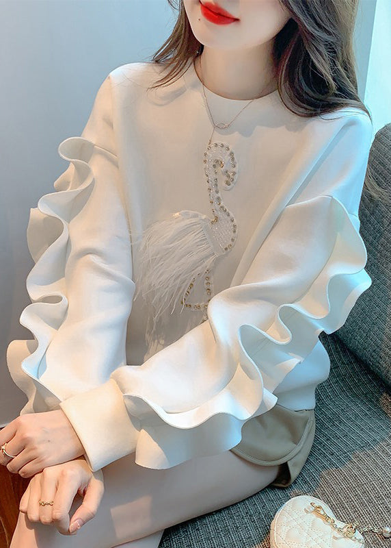 New White Ruffled Patchwork Cotton Sweatshirt Spring