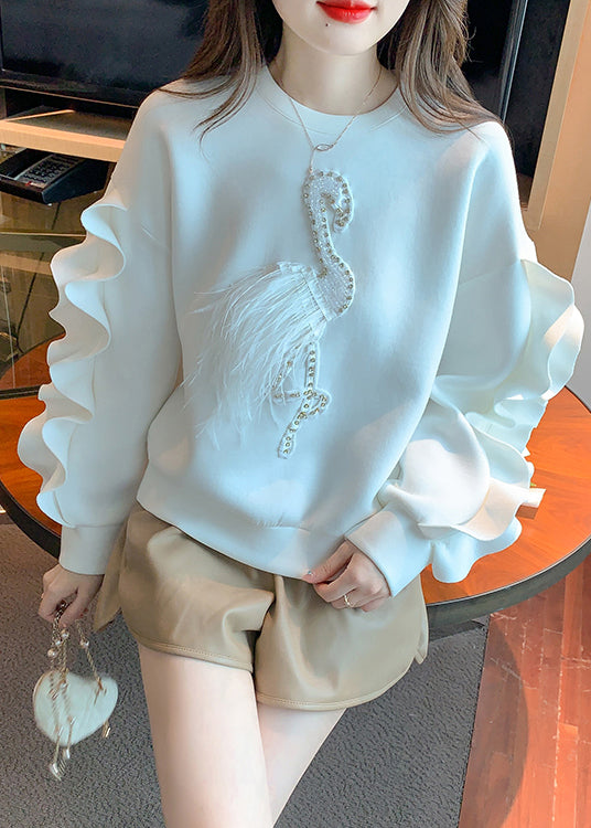 New White Ruffled Patchwork Cotton Sweatshirt Spring