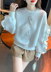 New White Ruffled Patchwork Cotton Sweatshirt Spring