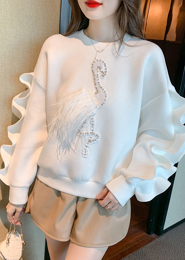 New White Ruffled Patchwork Cotton Sweatshirt Spring