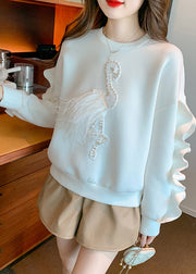 New White Ruffled Patchwork Cotton Sweatshirt Spring