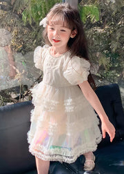 New White Ruffled Pearl Tulle Girls Princess Dresses Summer