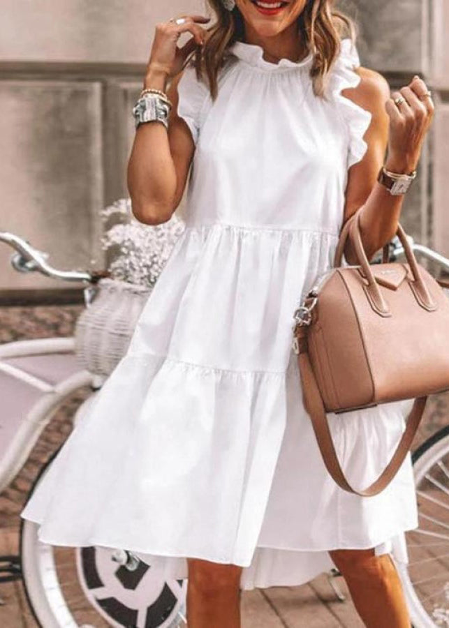 New White Ruffled Solid Cotton Dress Sleeveless
