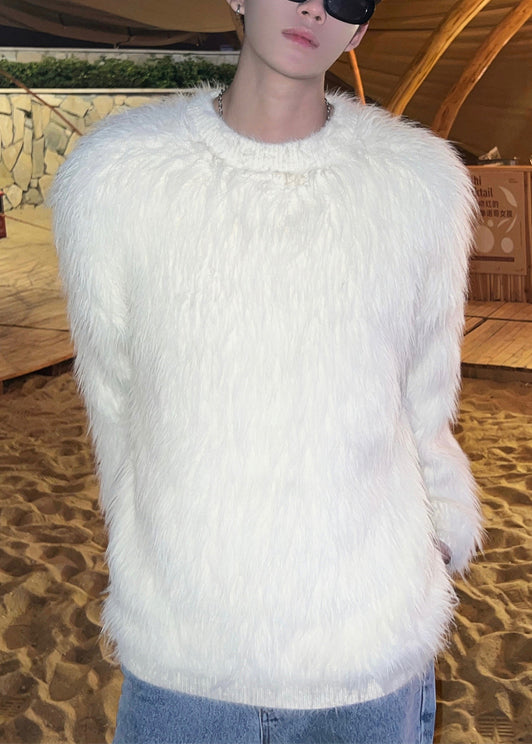 New White Solid Cozy Mink Velvet Men Sweaters O Neck Winter