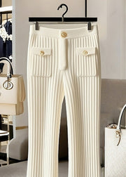 New White Solid High Waist Knit Pants Spring