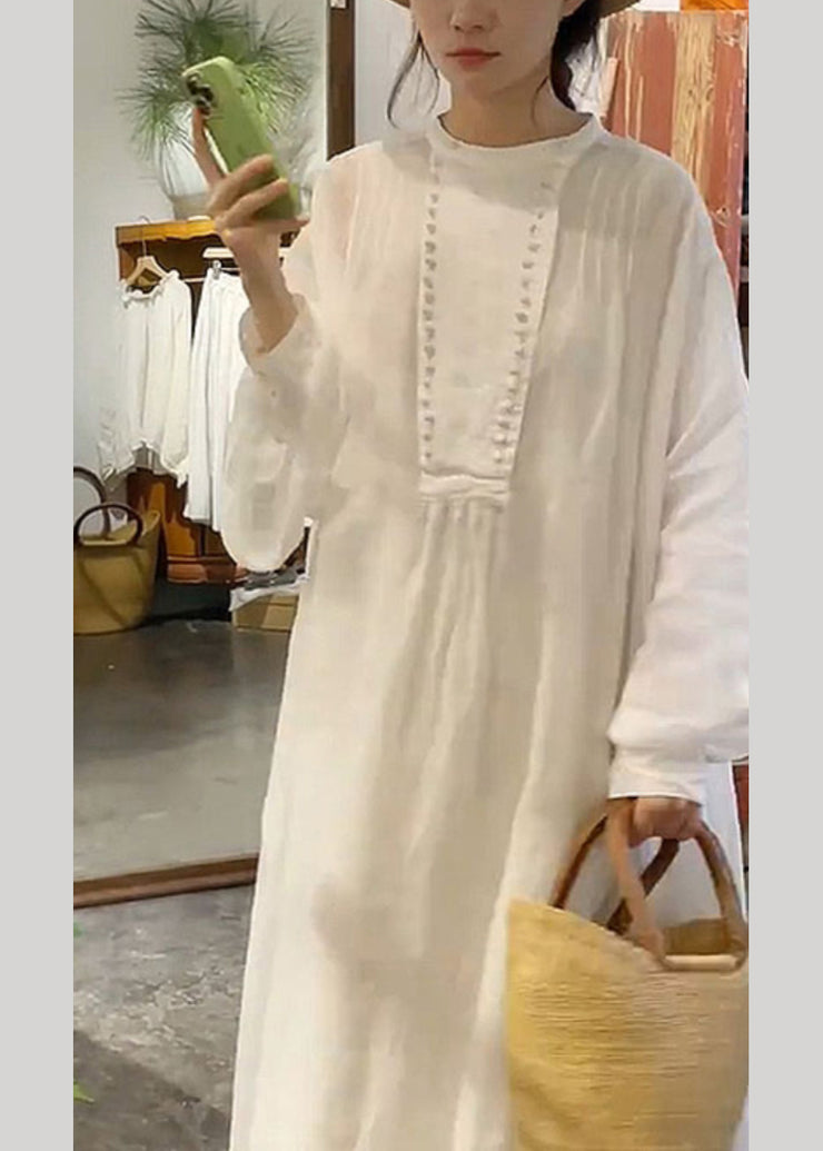 New White Solid O-Neck Cotton Long Dress Spring