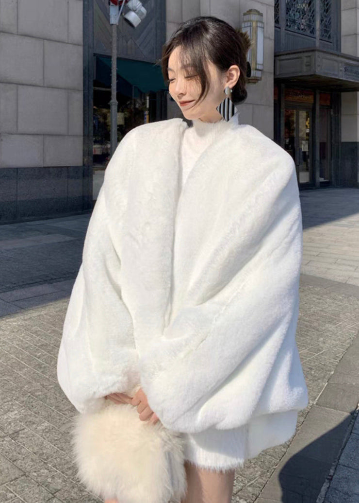 New White Solid V Neck Fuzzy Fur Fluffy Coats Long Sleeve