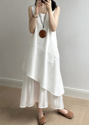 New White Square Collar Solid Patchwork Cotton Long Dresses Sleeveless