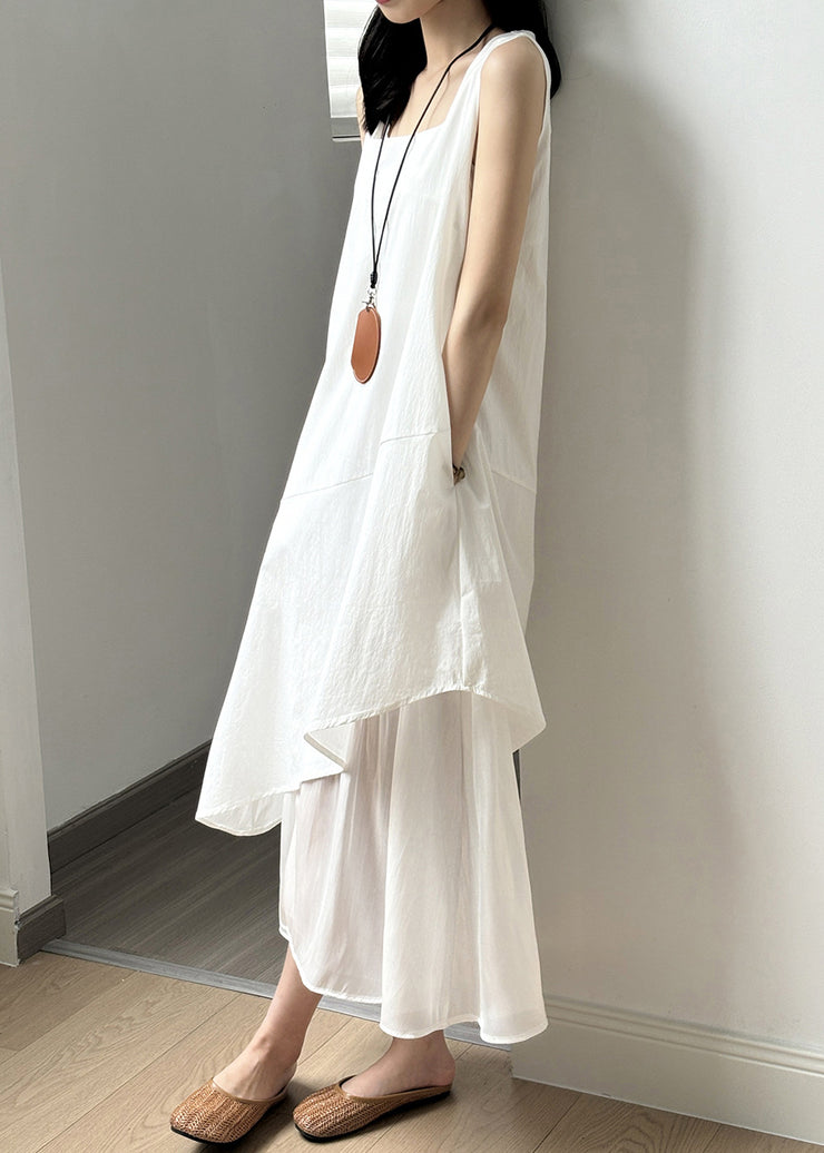 New White Square Collar Solid Patchwork Cotton Long Dresses Sleeveless