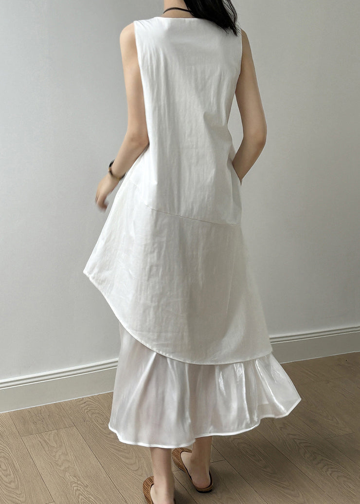 New White Square Collar Solid Patchwork Cotton Long Dresses Sleeveless