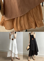 New White Square Collar Solid Patchwork Cotton Long Dresses Sleeveless