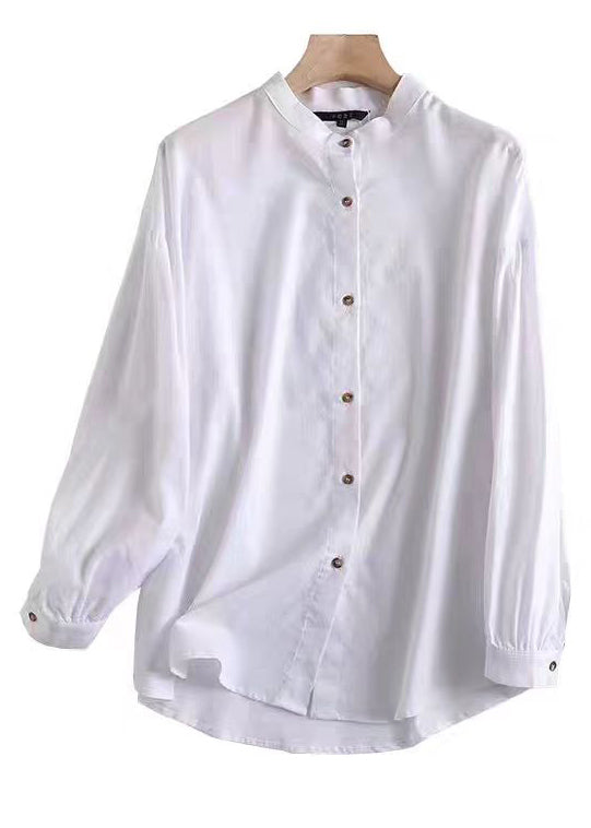 New White Stand Collar Button Cotton Blouses Long Sleeve