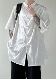 New White Stand Collar Button Silk Men Shirt Half Sleeve