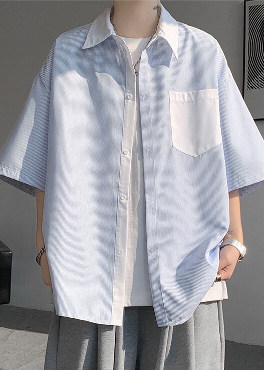 New White Striped Button Pockets Patchwork Cotton Men Shirts Summer