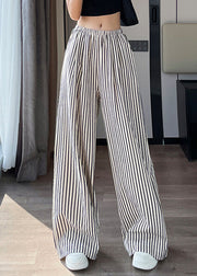 New White Striped Pockets High Waist Cotton Pants Summer