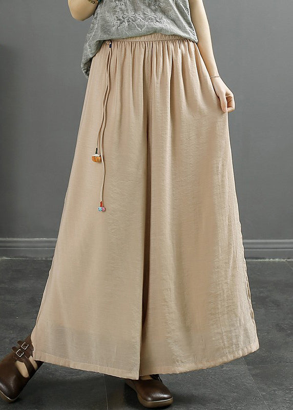 New Khaki Tasseled Side Open Silk Linen Wide Leg Pants