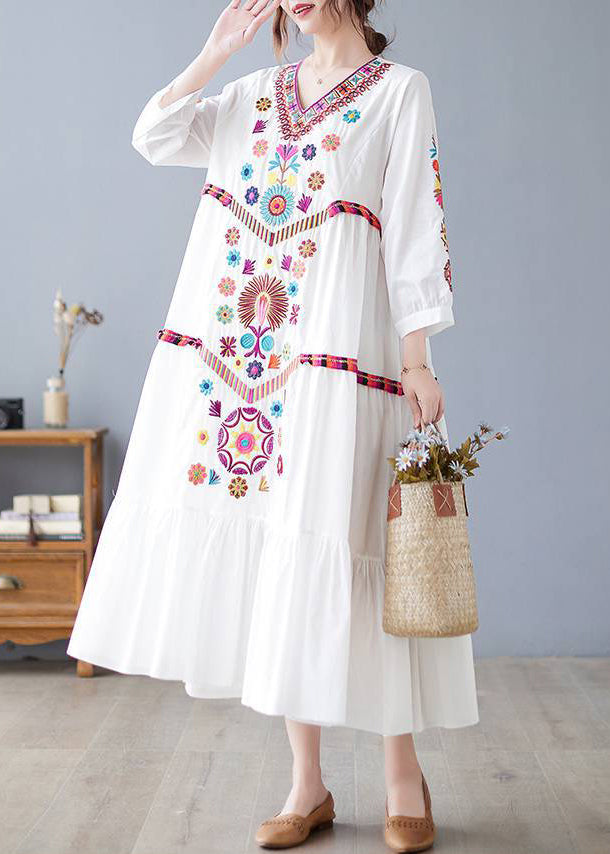 New White V Neck Embroidered Cotton Long Dresses Spring