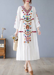 New White V Neck Embroidered Cotton Long Dresses Spring