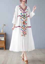 New White V Neck Embroidered Cotton Long Dresses Spring