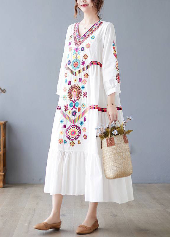 New White V Neck Embroidered Cotton Long Dresses Spring