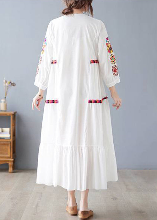 New White V Neck Embroidered Cotton Long Dresses Spring