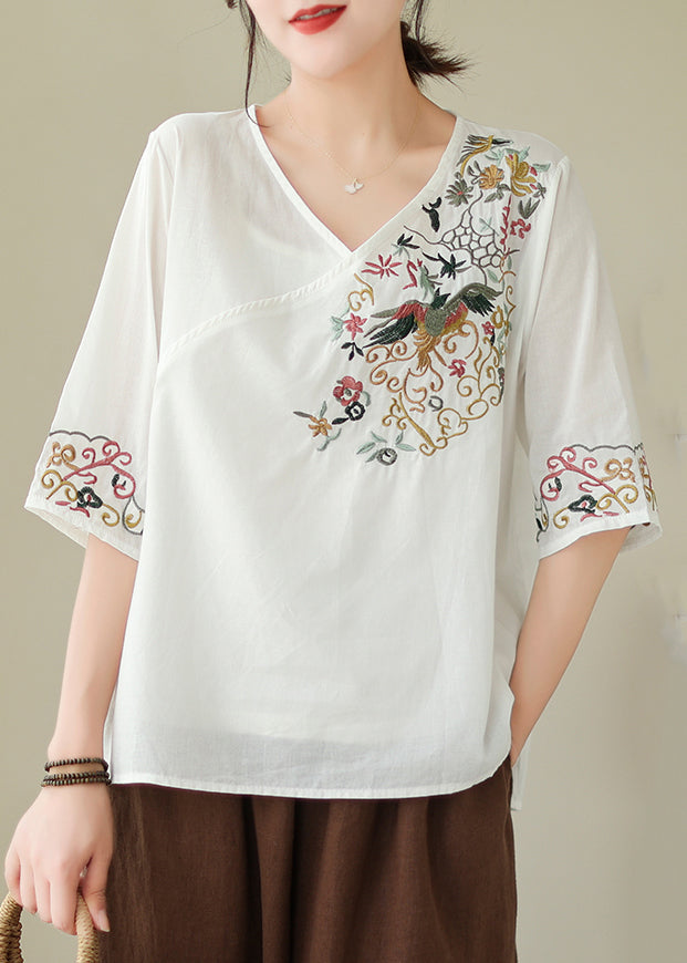 New White V Neck Embroidered Cotton Shirt Summer