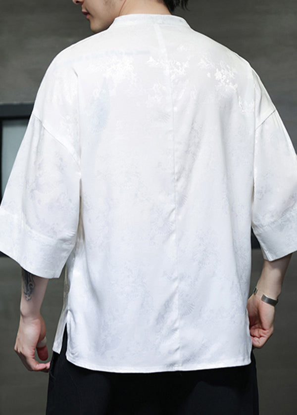 New White V Neck Embroideried Ice Silk Mens T Shirts Summer