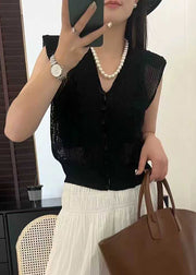 New White V Neck Hollow Out Button Knit Waistcoat Sleeveless