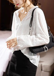 New White V Neck Lace Patchwork Cotton Shirt Long Sleeve