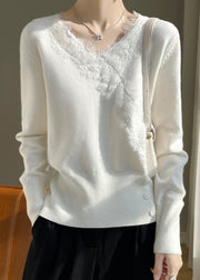 New White V Neck Lace Patchwork Knit Sweater Spring