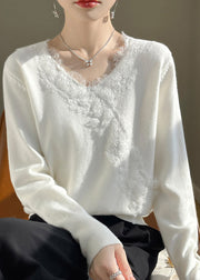 New White V Neck Lace Patchwork Knit Sweater Spring