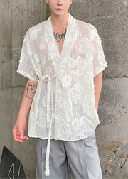 New White V Neck Lace Up Cotton Men Shirts Summer