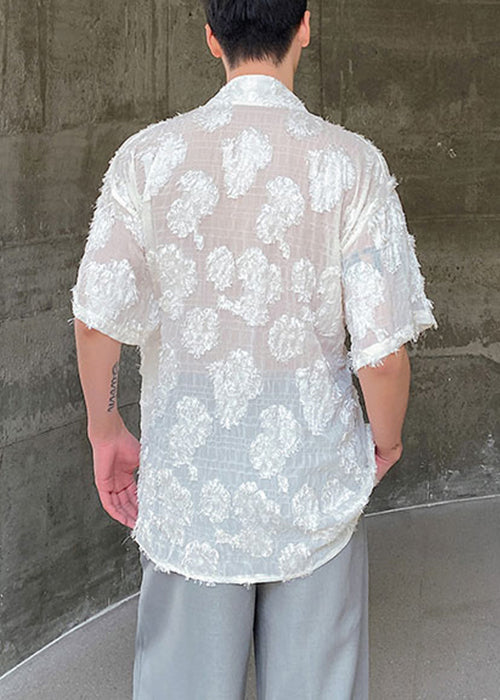 New White V Neck Lace Up Cotton Men Shirts Summer