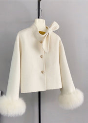 New Yellow Wool Bow Button Fox Hair Cuff Short Coat Winter