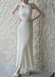 New White Wrinkled Hollow Out Knit Long Dress Sleeveless